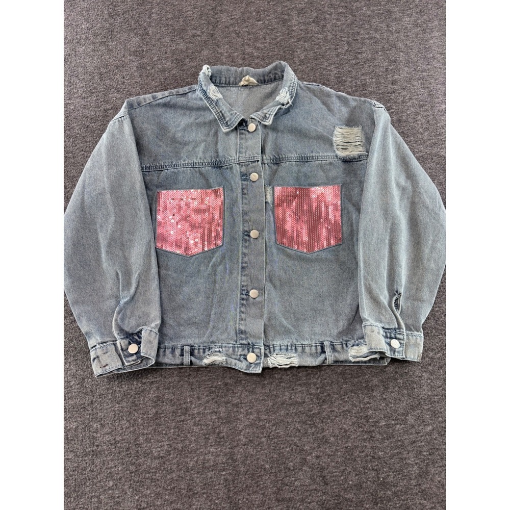 BIBI Distressed Denim Jacket Pink Sequin Pockets Light Wash Cotton Large - Picture 1 of 10